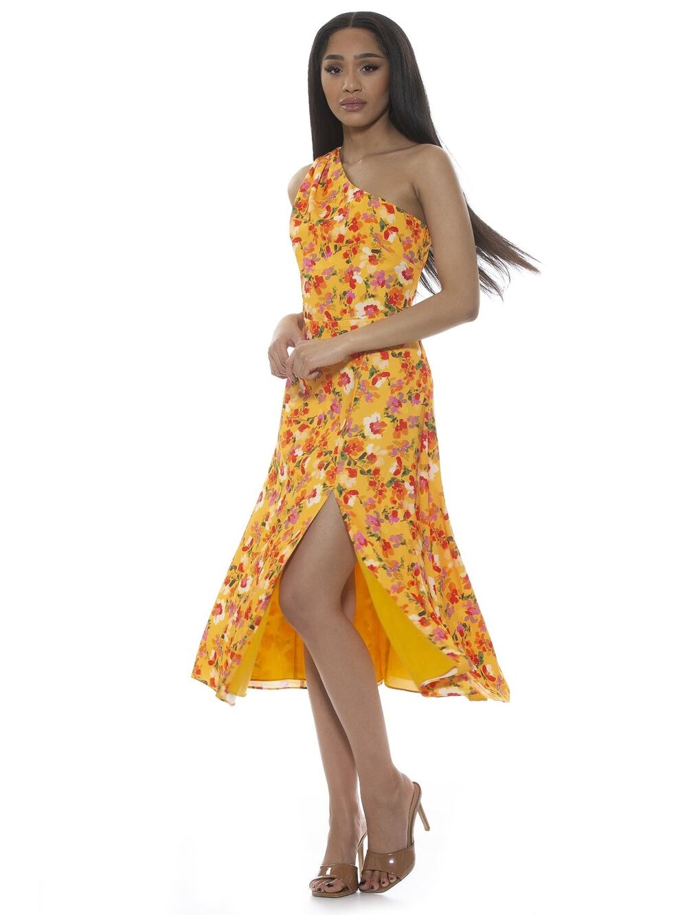 Alexia Admor New Fay Floral One Shoulder Midi Fit and Flare Dress Yellow Size 2